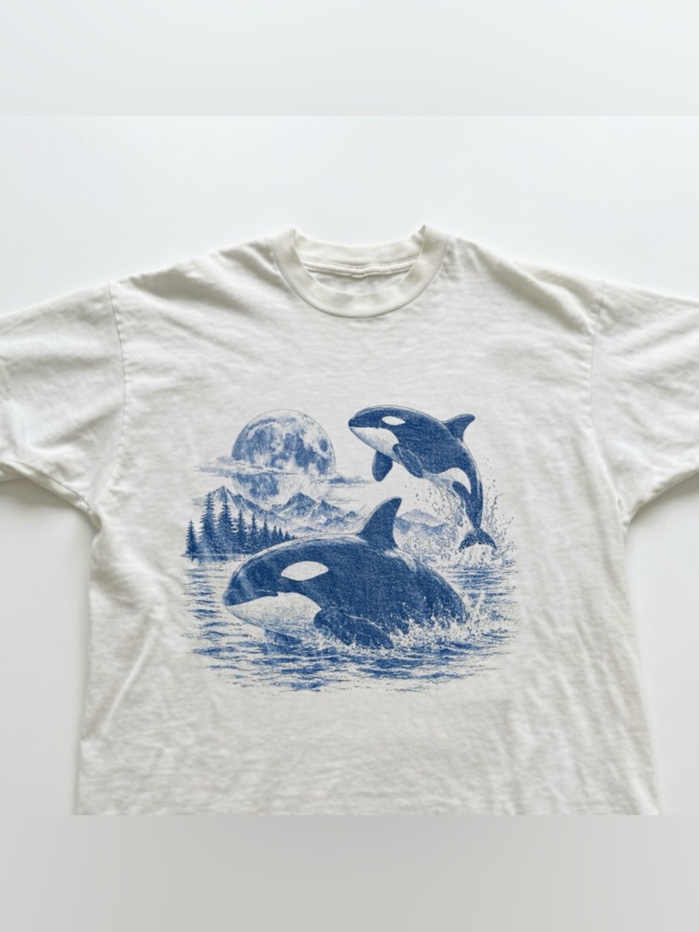 Old School Orca Graphic Tee Moonlit Ocean Animal Shirt Retro Coastal Nature Tee - Picture 2 of 7